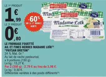 E.Leclerc PAYSAN BRETON Le fromage fouetté ail et fines herbes madame loïk offre