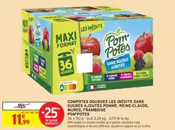 Intermarché Compotes gourdes les inédits sans sucres ajoutés pomme reine-claude mures framboise pom'potes offre