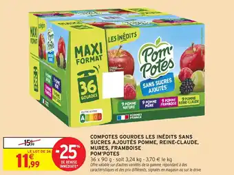 Intermarché Compotes gourdes les inédits sans sucres ajoutés pomme reine-claude mures framboise pom'potes offre