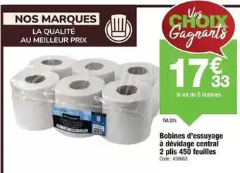 Promocash Nos - bobines d'essuyage à dévidage central 2 plis 450 feuilles offre
