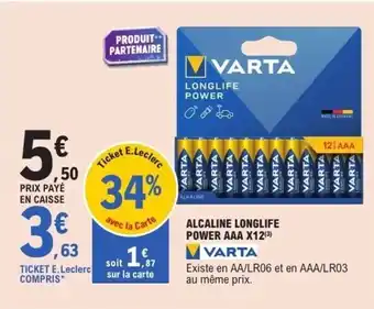 E.Leclerc VARTA Alcaline longlife power aaa x12 offre