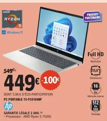 E.Leclerc HP Pc portable 15-FC169NF offre