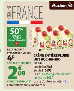 Auchan AUCHAN BIO Crème entière fluide uht offre