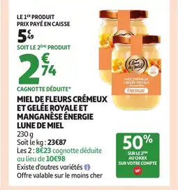 Auchan LUNE DE MIEL Miel de fleurs crémeux et gelée royale et manganèse énergie offre