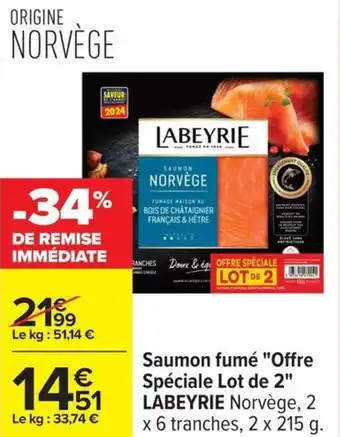 Carrefour Saumon fumé offre spéciale lot de 2 labeyrie offre