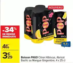 Carrefour Pago - boisson citron hibiscus, abricot basilic ou mangue gingembre offre