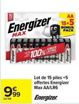 Carrefour Energizer - lot de 15 piles +5 offertes max aa/lr6 offre