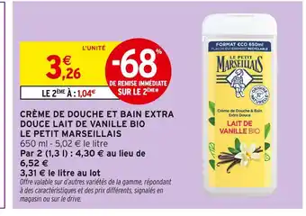 Intermarché Le petit marseillais crème de douche et bain extra douce lait de vanille bio offre