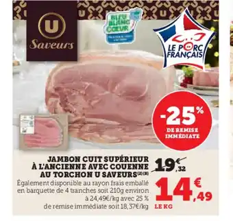 Jambon cuit supérieur à l'ancienne avec couenne au torchon u saveurs