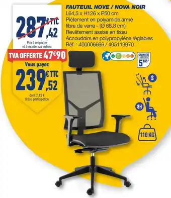 Bureau Vallée Nova fauteuil nove / nova noir offre