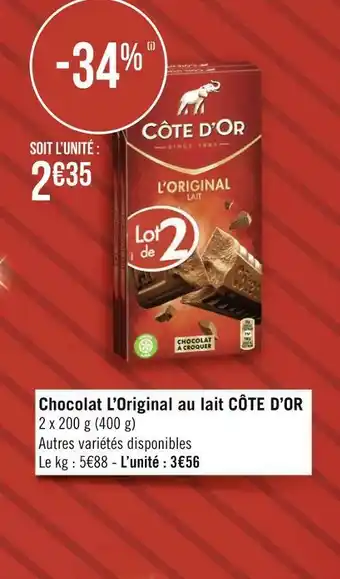 Géant Casino Côte d’or chocolat l’original au lait offre