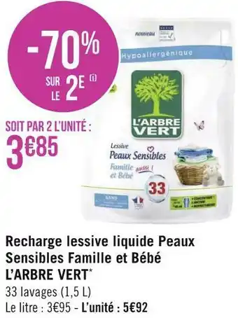 Géant Casino L’arbre vert recharge lessive liquide peaux sensibles famille et bébé* offre