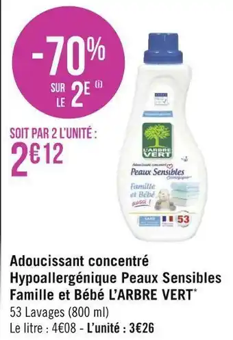 Géant Casino L’arbre vert adoucissant concentré hypoallergénique peaux sensibles famille et bébé offre