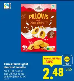 Lidl Crownfield carrés fourrés goût chocolat noisette offre