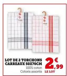 Super U Lot de 2 torchons carreaux 50x70cm offre