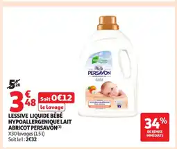 Auchan Supermarché PERSAVON Lessive liquide bébé hypoallergenique lait abricot offre