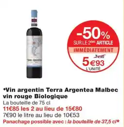 Monoprix Vin argentin Terra Argentea Malbec vin rouge Biologique offre