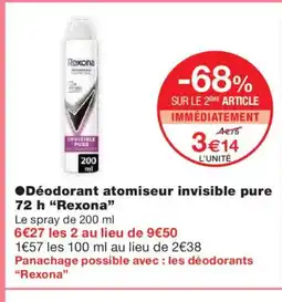 Monoprix REXONA Déodorant atomiseur invisible pure 72h offre