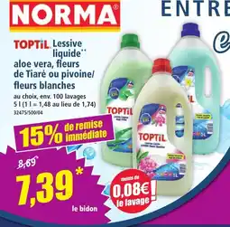 Norma TOPTIL Lessive liquide aloe vera, fleurs de Tiaré ou pivoine/ fleurs blanches offre
