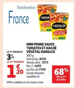 Auchan HARI & CO Mini penne sauce tomates et haché végétal offre