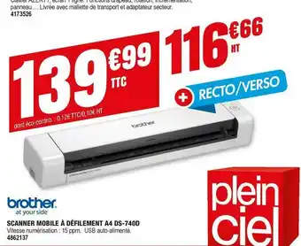 Plein ciel Brother scanner mobile à défilement a4 ds-740d offre