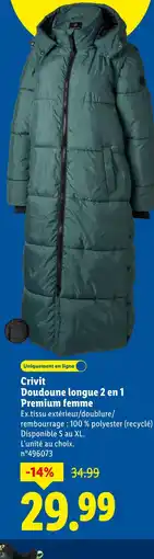 Lidl Crivit doudoune longue 2 en 1 premium femme offre