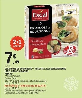 E.Leclerc Escargots de bourgogne recette à la bourguignonne label rouge surgelés escal offre