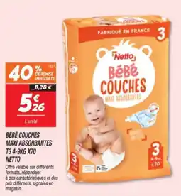 Netto Bébé couches maxi absorbantes t3 4-9kg x70 netto offre