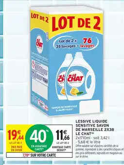 Intermarché LE CHAT Lessive liquide sensitive savon de marseille 2x38 offre