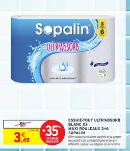 Intermarché SOPALIN Essuie-tout ultr'absorb blanc x3 maxi rouleaux 3=6 offre