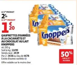 Auchan KNOPPERS Gaufrettes fourrées à la cacahuète et au chocolat au lait offre