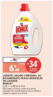 Intermarché LESSIVE LIQUIDE L'ORIGINAL AU BICARBONATE PEAUX SENSIBLES 50 LAVAGES BONUX offre