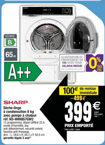Cora x Carrefour Sèche-linge à condensation 8 kg avec pompe à chaleur réf. KD-HHH8S7GW2 offre