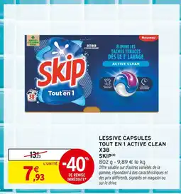 Intermarché Skip lessive capsules tout en 1 active clean offre
