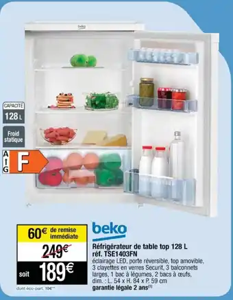 Cora x Carrefour Réfrigérateur de table top 128 L réf. TSE1403FN offre