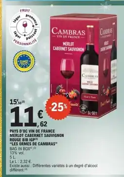 E.Leclerc LES ORMES DE CAMBRAS Pays d'oc vin de france merlot cabernet sauvignon rouge bib igp offre