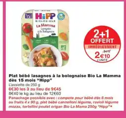 Monoprix HIPP Plat bébé lasagnes à la bolognaise Bio La Mamma dès 15 mois offre