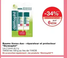 Monoprix DERMOPHIL Baume lèvres duo - réparateur et protecteur offre