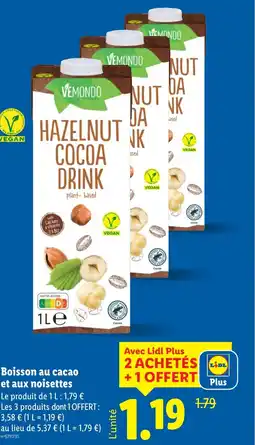 Lidl VEMONDO Boisson au cacao et aux noisettes offre