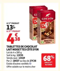 Auchan CÔTE D'OR Tablettes de chocolat lait noisettes offre