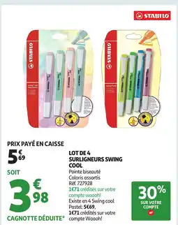Auchan STABILO Lot de 4 surligneurs swing cool offre