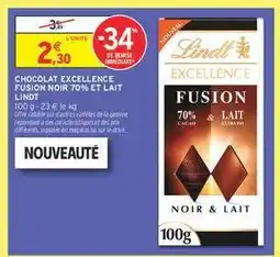Intermarché Chocolat Excellence Fusion Noir 70% et Lait Lindt offre