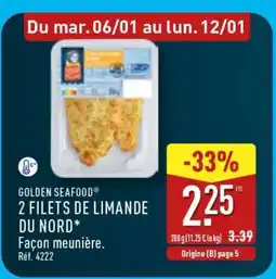 ALDI GOLDEN SEAFOOD 2 FILETS DE LIMANDE DU NORD offre