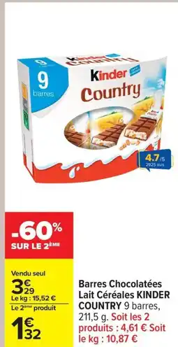 Carrefour Barres chocolatées lait céréales kinder country offre