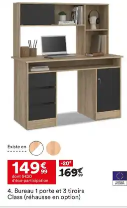 BUT Bureau 1 porte et 3 tiroirs Class (réhausse en option) offre