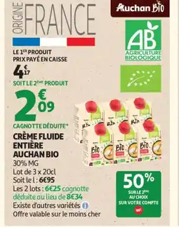 Auchan Supermarché AUCHAN BIO Crème fluide entière offre