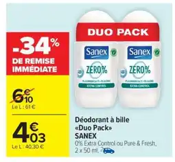 Carrefour Market Déodorant à bille Duo Pack SANEX offre