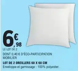 E.Leclerc Lot de 2 oreillers 60 x 60 cm offre