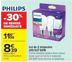 Carrefour Drive Philips - lot de 2 ampoules led e27 60w offre