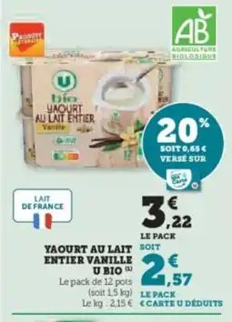 Super U Yaourt au lait entier vanille u bio offre